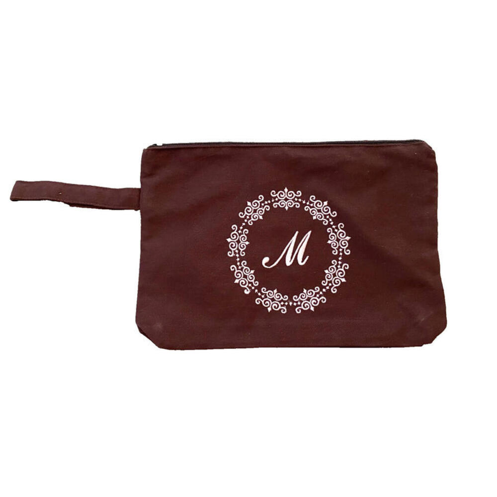 NEW Lily Juliet New York Brown Pink Monogram M Embroidered Pouch Case Bag